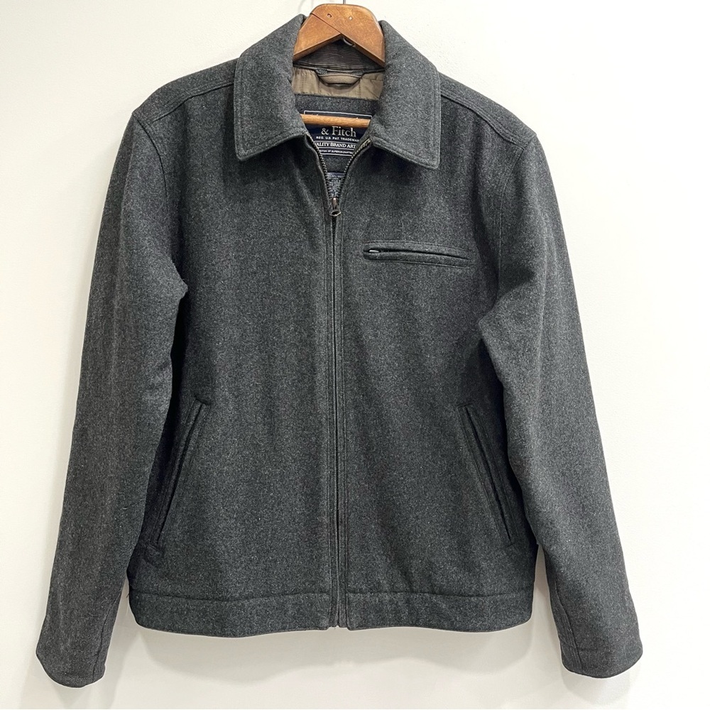 Abercrombie 90’s Y2K Mens Gray Wool Zip Front Bomber Coat Jacket Corduroy Cuffs - Picture 2 of 14